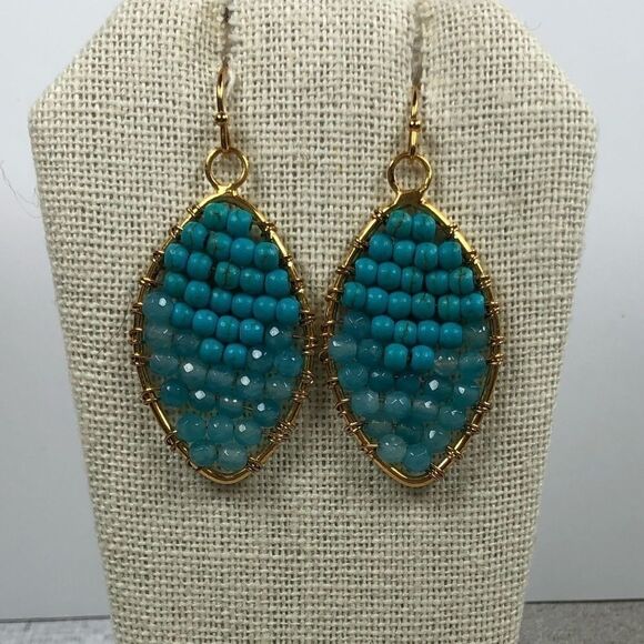 NEW 18k Turquoise blue beaded crystal earrings - Picture 1 of 4